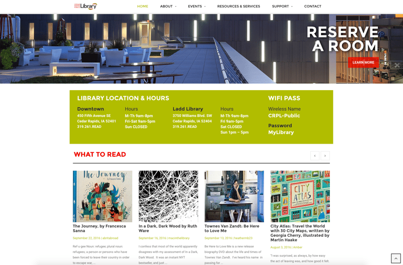 The Cedar Rapids Public Library website recognizes that space rental is both an important business goal and a motive of many site viewers. 